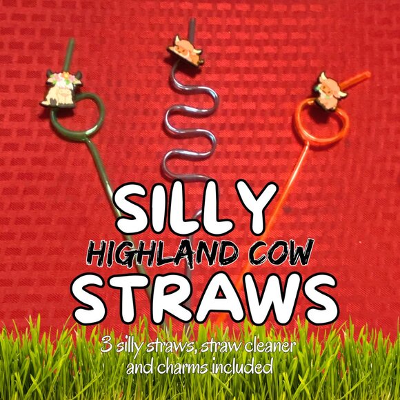 Silly Highland Cow Straw Bundle of 3 - GREEN, PURPLE & ORANGE - Picture 1 of 4